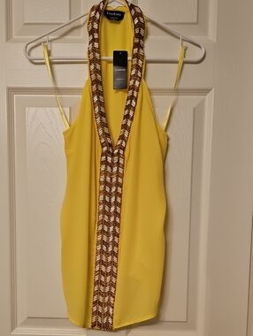 bebe Yellow Halter Mini Dress with Beaded Trim